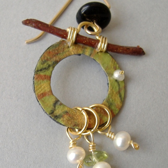 406120966016736.jpg?fit=inside  Asian Pear Ring Pearl Earrings Handmade Unique Green Paper Twig Pierced New Gift